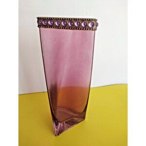 Glass Amethyst Vase With Rhinestone Triangular Design Made in Poland 9 3/4"